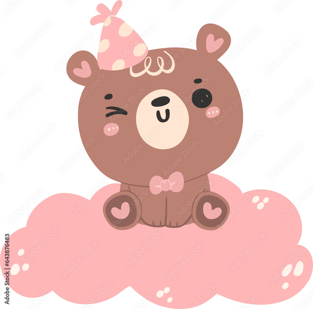 Cute baby shower bear girl in pink, birthday bear animal flat design illustration. Cute baby shower bear girl in pink, birthday bear animal flat design illustration.