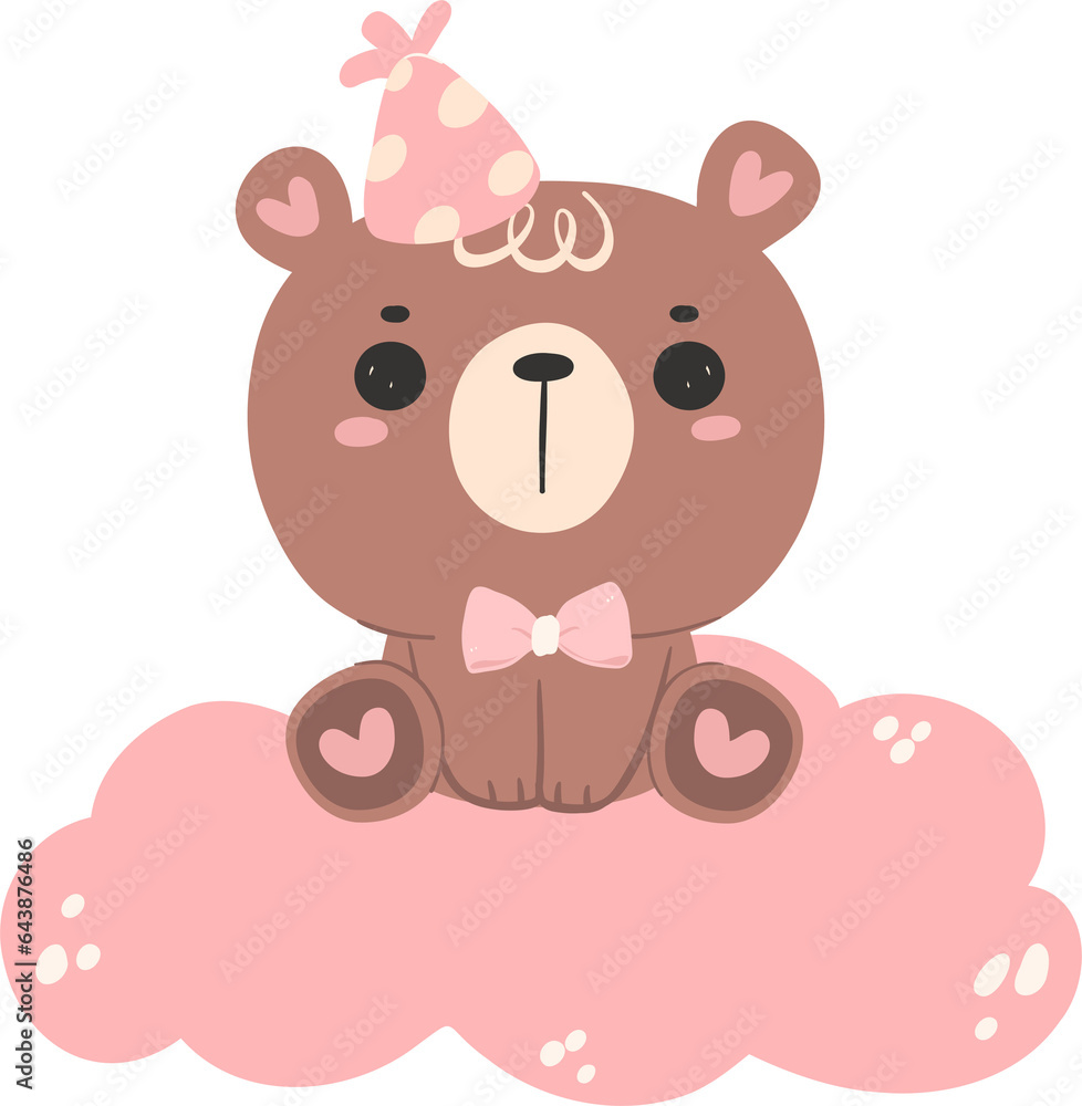 Cute baby shower bear girl in pink, birthday bear animal flat design illustration. Cute baby shower bear girl in pink, birthday bear animal flat design illustration.