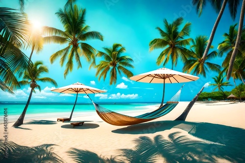 Fototapeta Naklejka Na Ścianę i Meble -  beach with palm trees ,Paradise beach natural background. Illustration Generative AI.