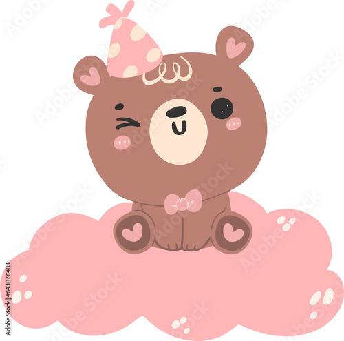 Cute baby shower bear girl in pink, birthday bear animal flat design illustration.
