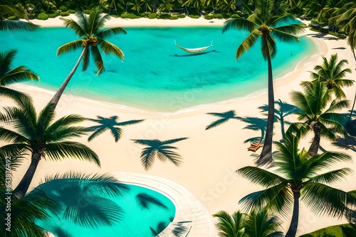 beach with palm trees  Paradise beach natural background. Illustration Generative AI.