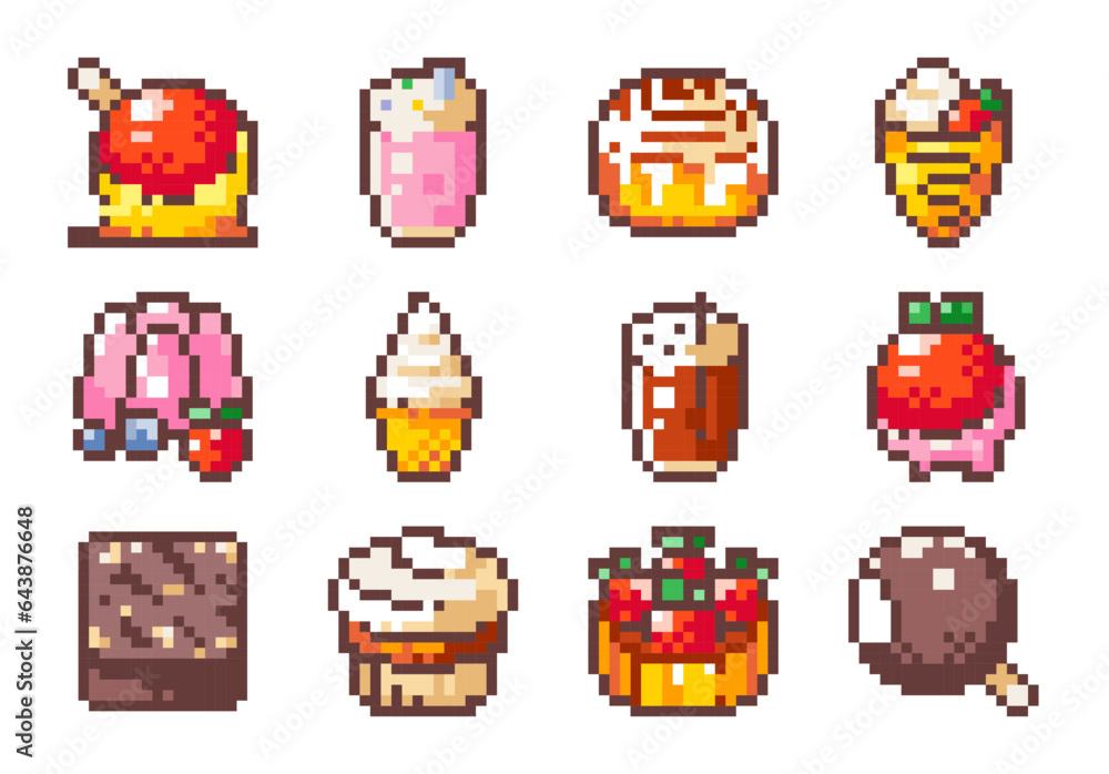 Pixel Art Confectionery Set. 8 bit style stickers of Pixelated Candies Sweets and Delicious Pastry Desserts - Caramel Apple, Cinnamon Roll, Jelly Pudding, Ice Cream, Chocolate Cake, Tart, Popsicle.