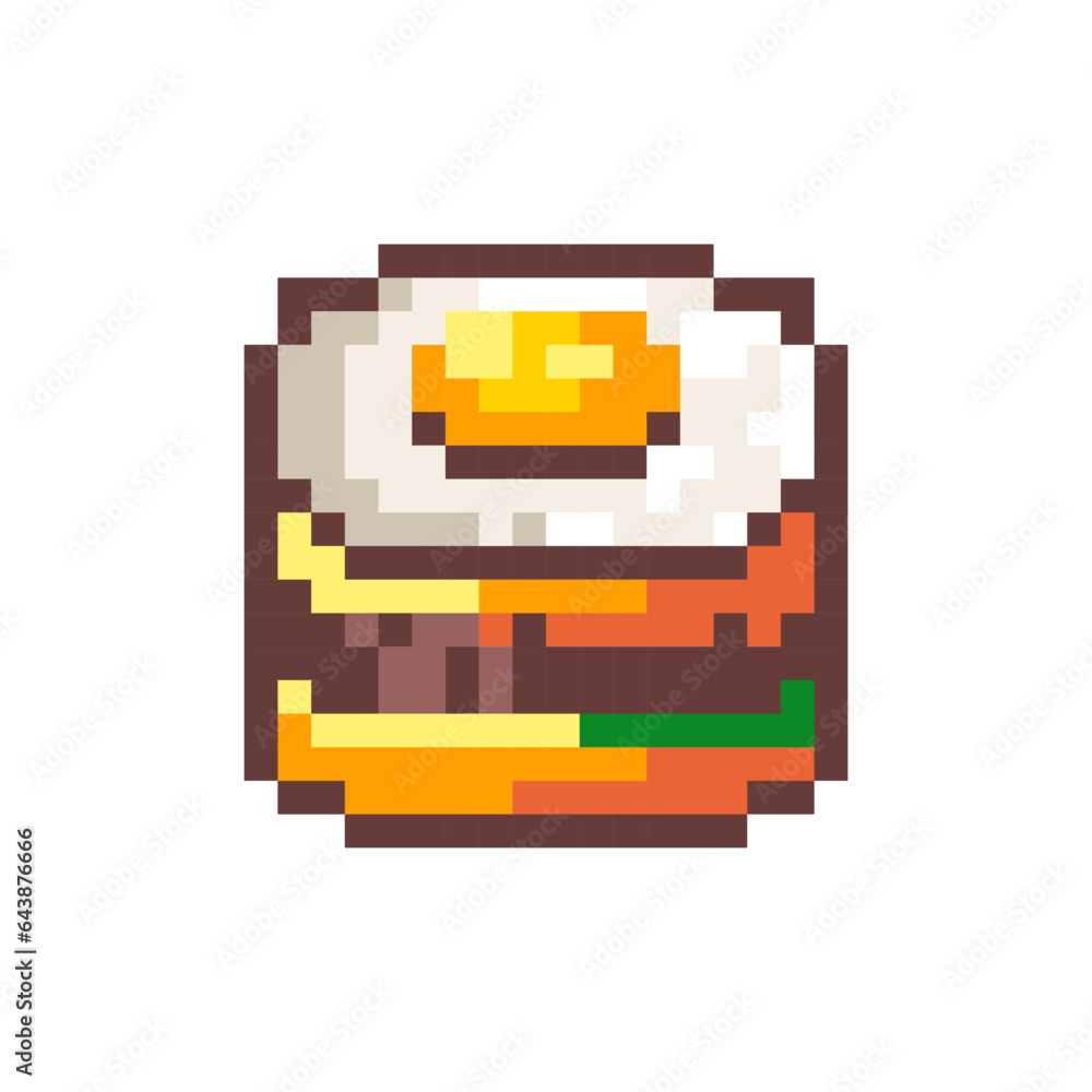 Pixel Art Egg Sandwich. Retro 8 bit Style Fast Food Breakfast Egg Burger Illustration. Ideal for Sticker, Retro Decorative Element, Game Asset, Emoji, Patch or Cute Geek Avatar. Pixel Art Egg Sandwich. Retro 8 bit Style Fast Food Breakfast Egg Burger Illustration. Ideal for Sticker, Retro Decorative Element, Game Asset, Emoji, Patch or Cute Geek Avatar.