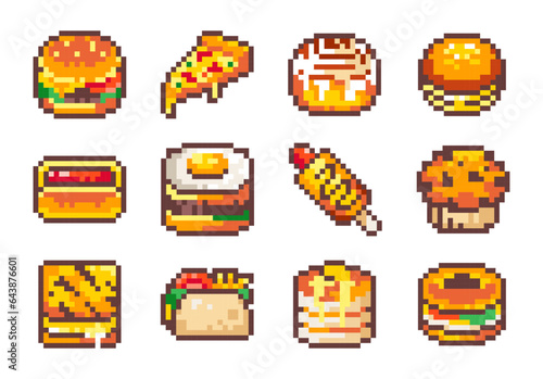 Pixel Art Fast Food Set. Breads and Sandwiches Collection. 8bit Video Game Burger, Pizza, Cinnamon Roll, Hot Dog, Corn Dog, Muffin, Taco, Pancakes, Bagels, Egg Bread Breakfast. 