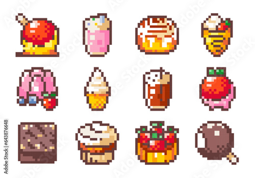 Pixel Art Confectionery Set. 8 bit style stickers of Pixelated Candies Sweets and Delicious Pastry Desserts - Caramel Apple, Cinnamon Roll, Jelly Pudding, Ice Cream, Chocolate Cake, Tart, Popsicle.