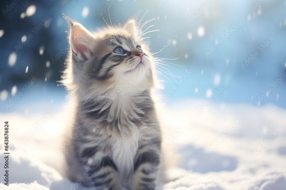 Cute fluffy kitten is playing with snowflakes on blur background