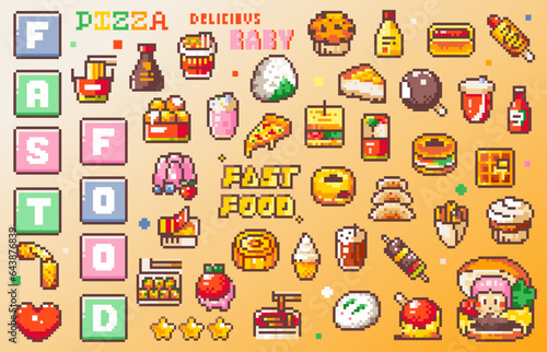 Pixel Art Fast Food Icons. 8bit style stickers of Pixelated Street Food Meals - Japanese Onigiri and Mochi, Korean Meat Skewers, Gyoza, Cakes, Cheese Balls, Burgers, Desserts, Pizza, Noodles, Sauces