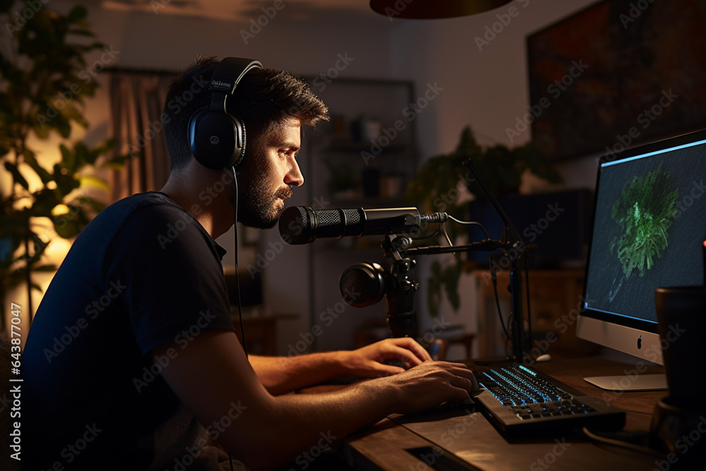 a man recording audio for a podcast a man recording audio for a podcast