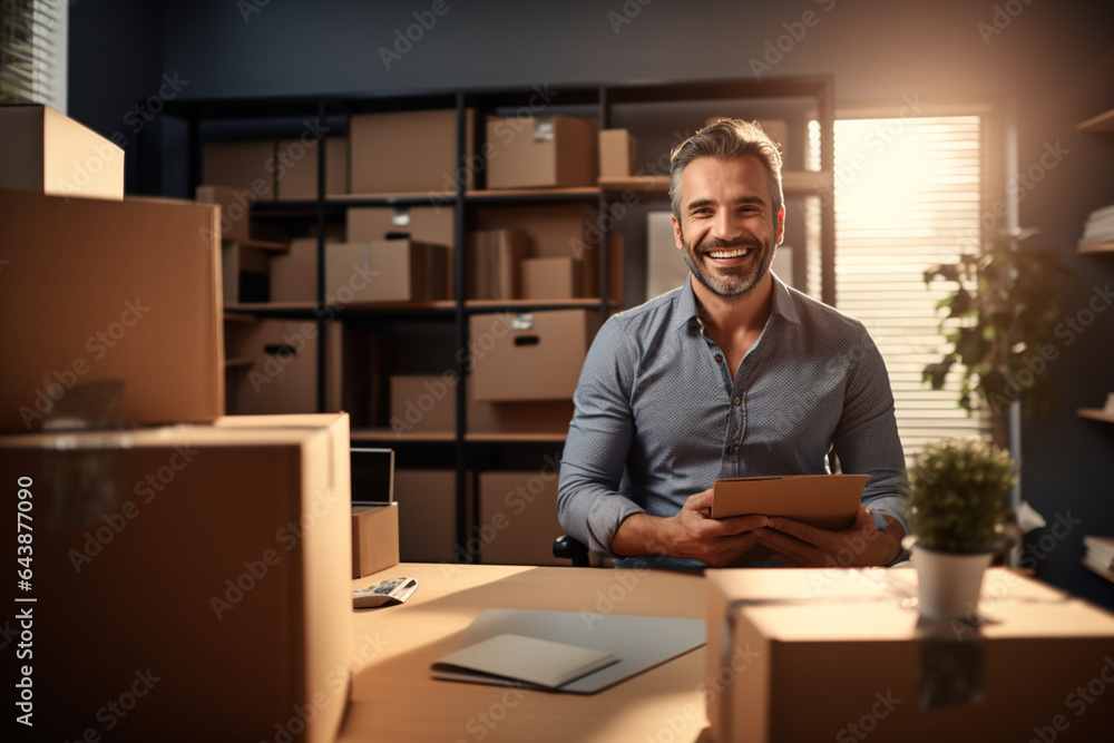 Happy male business owner packing parcels