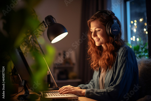 Beautiful woman recording audio for a podcast