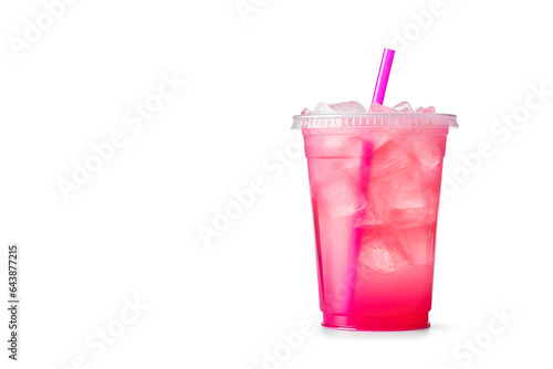 Pink drink in plastic cup isolated on white background. Take away drinks concept with copy space