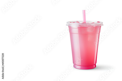 Pink drink in plastic cup isolated on white background. Take away drinks concept with copy space