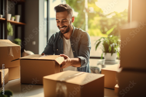 Happy male business owner packing parcels