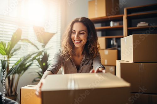 Happy female business owner packing parcels