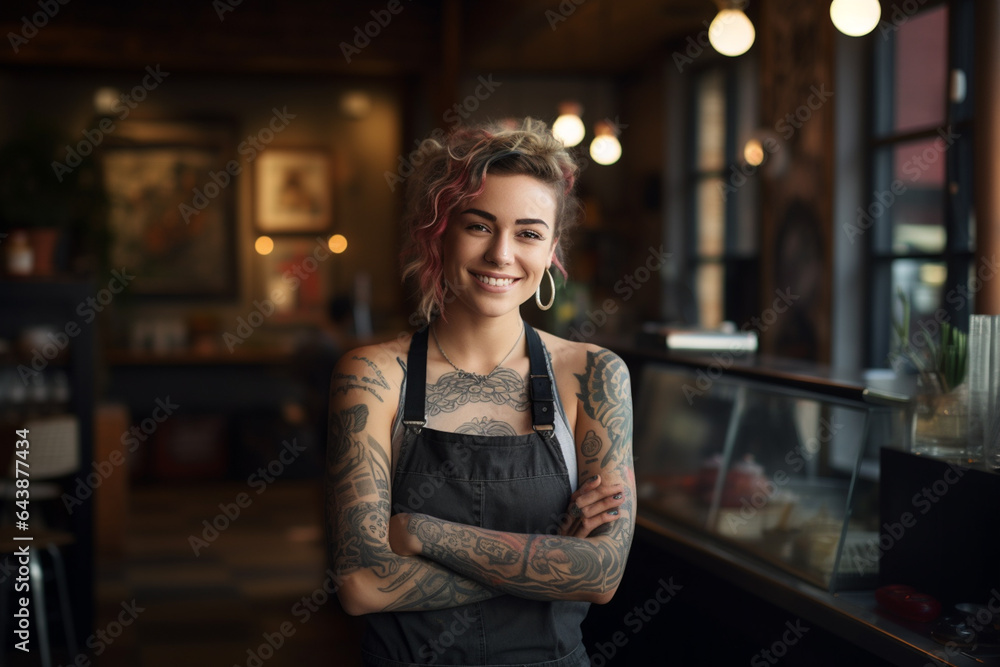 female barista with tattoo standing in coffee shop