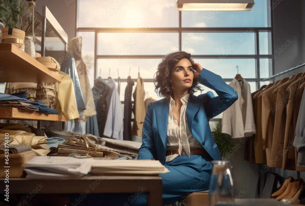 a beautiful young businesswoman sitting on a desk at clothing store a beautiful young businesswoman sitting on a desk at clothing store
