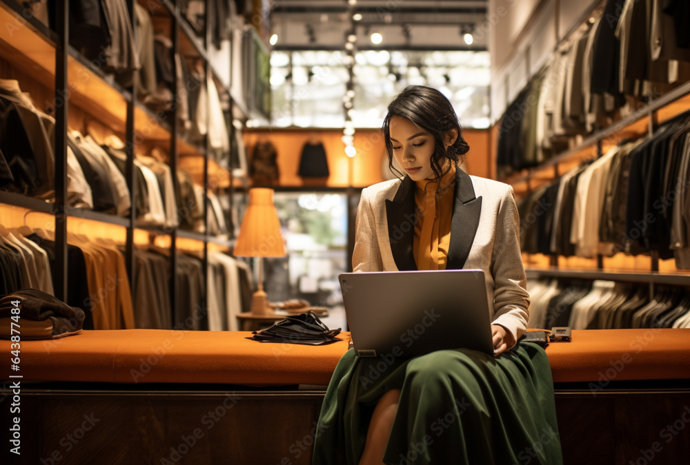 Fototapeta premium a beautiful young businesswoman sitting on a desk at clothing store