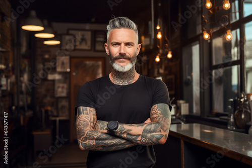 Male barista with tattoo standing in coffee shop