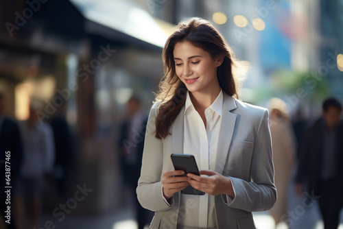 a business woman is dressed in a suit and her smartphone on a street full of people