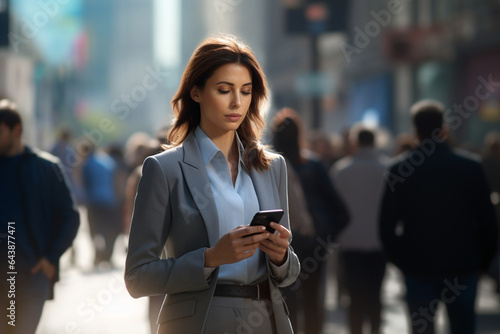 a business woman is dressed in a suit and her smartphone on a street full of people