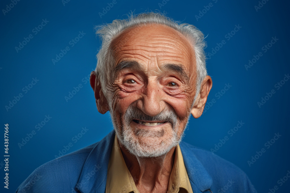 Senior man smiling happily on blue background Senior man smiling happily on blue background