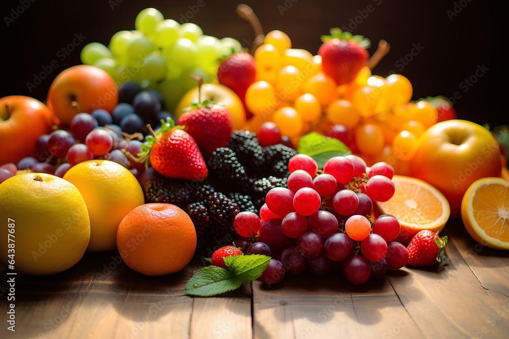A colorful mix of fruits on a wooden table. generative AI A colorful mix of fruits on a wooden table. generative AI