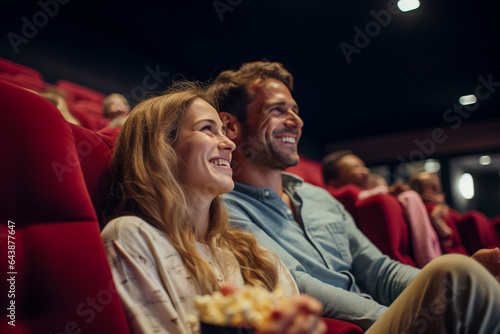 Happy couple with bucket of popcorn in movie theater