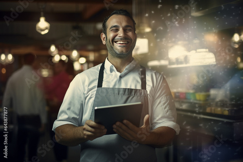 male chef holding a tablet to welcome customers