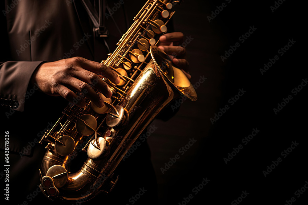Obraz premium Saxophone player Saxophonist playing jazz music instrument Jazz musician playing sax alto on black background. Generative Ai
