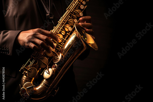 Saxophone player Saxophonist playing jazz music instrument Jazz musician playing sax alto on black background. Generative Ai