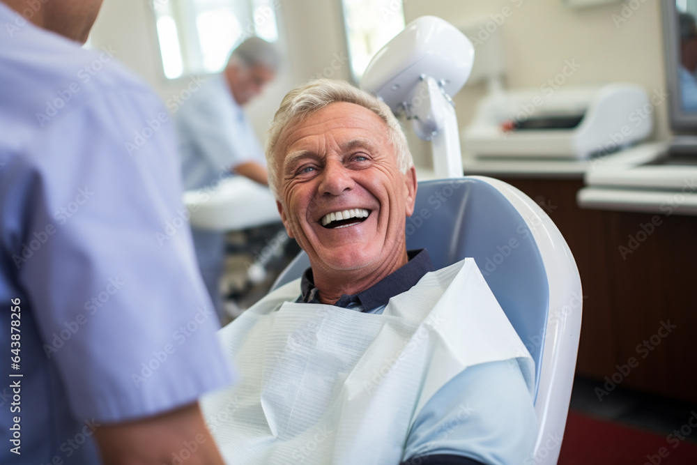 A senior man happily goes to the dentist for a dental checkup A senior man happily goes to the dentist for a dental checkup