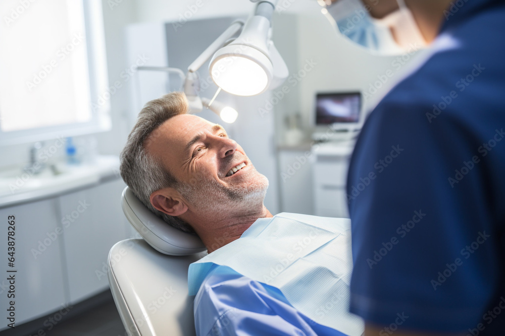 A senior man happily goes to the dentist for a dental checkup A senior man happily goes to the dentist for a dental checkup
