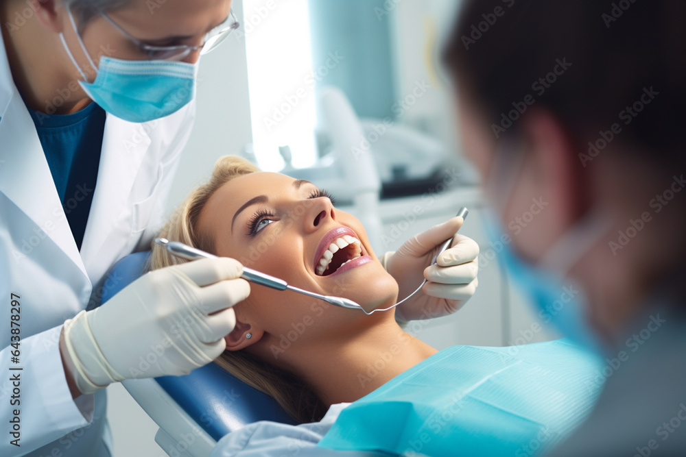 Fototapeta premium A woman happily goes to the dentist for a dental checkup