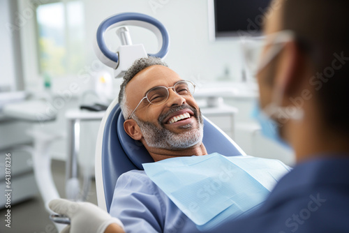 A man happily goes to the dentist for a dental checkup