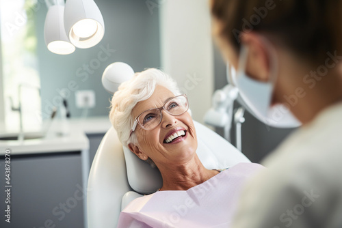 A senior woman happily goes to the dentist for a dental checkup