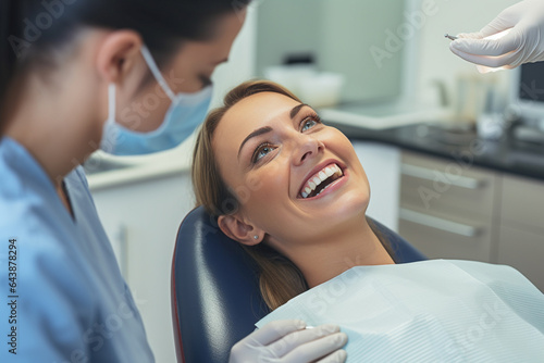 A woman happily goes to the dentist for a dental checkup