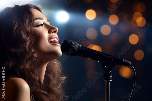 a beautiful female singer with the microphone in vintage style