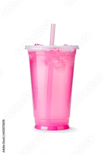 Pink drink in plastic cup isolated on white background. Take away drinks concept