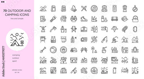 Camping and Outdoor Activities Icons Set. Camping tent, Smores, Raincoat, Thermos, Kettle, Quilt, Portable Chair, Fishing, Nature Walking,  Cooking, Outdoor Sport Games. Outline Signs Collection.	