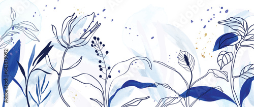 Blue floral art watercolor background vector. Flower line art with watercolor texture. Design for prints, packaging, wall art, fabric and home decoration.