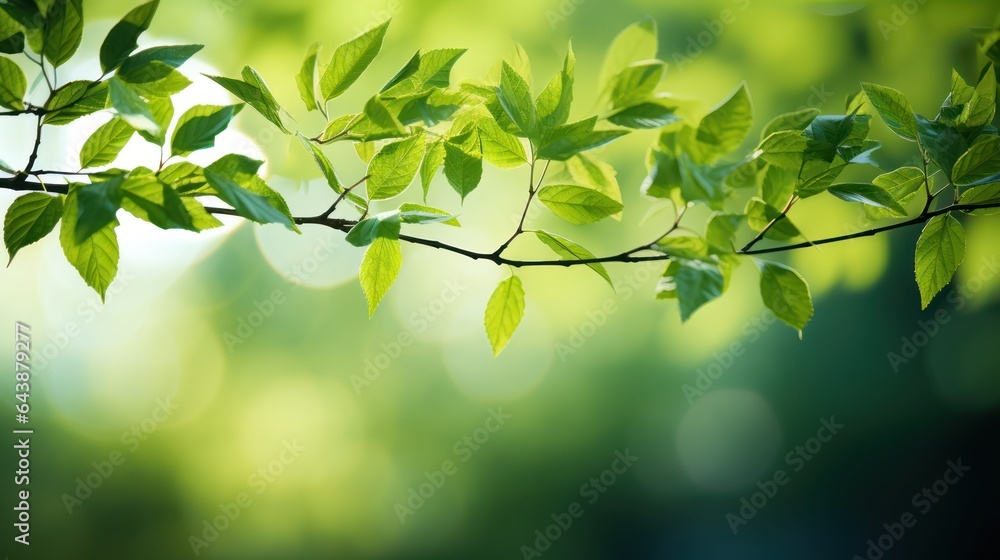 Fresh green leaves on blurred greenery background with bokeh effect, Generative AI