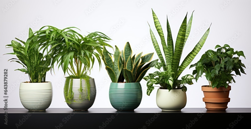 Variety of houseplants in flowerpots on a shelf, Generative AI