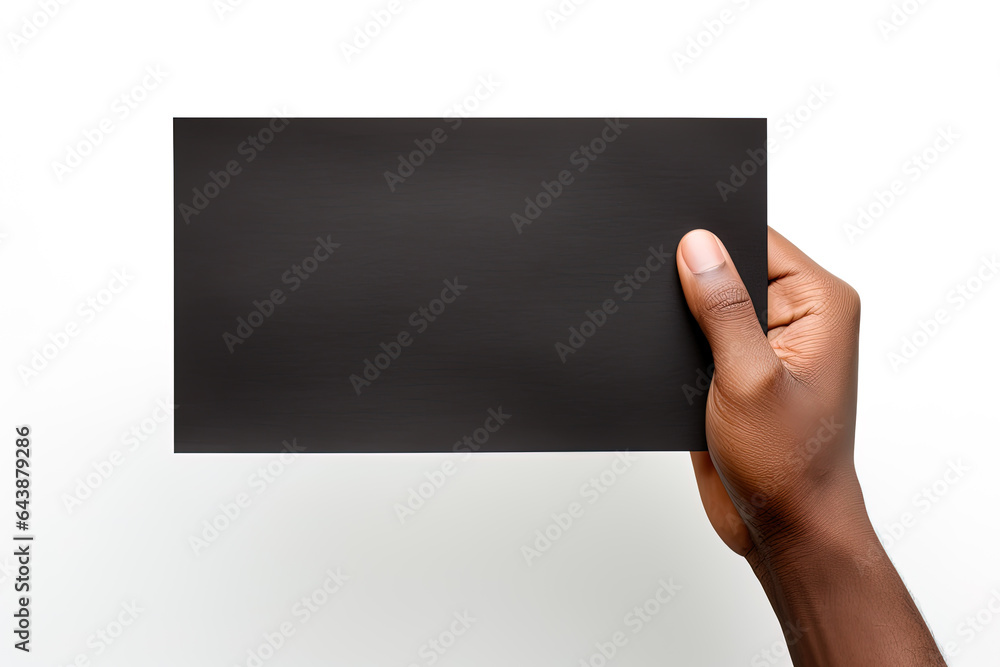 A human hand holding a blank sheet of black paper or card isolated on white background A human hand holding a blank sheet of black paper or card isolated on white background