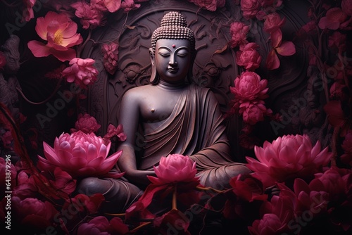 Buddha statue with red flowers background.Generative Ai