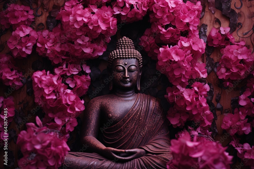 Buddha statue with red flowers background.Generative Ai