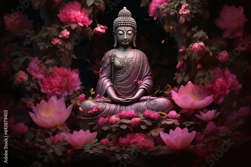 Buddha statue with red flowers background.Generative Ai