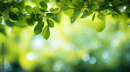 Fresh green leaves on blurred greenery background with bokeh effect  Generative AI