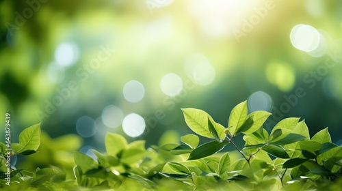 Fresh green leaves on blurred greenery background with bokeh effect, Generative AI © tanatat