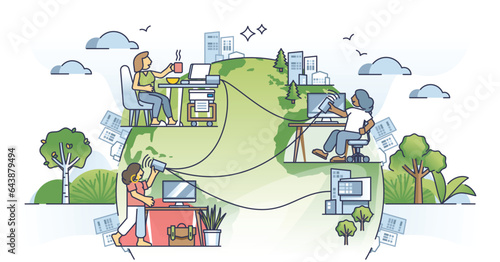 Rise of remote work culture as distant office job from home outline concept. Flexible workspace from distance for freelance employee vector illustration. Fast internet connection for online workplace