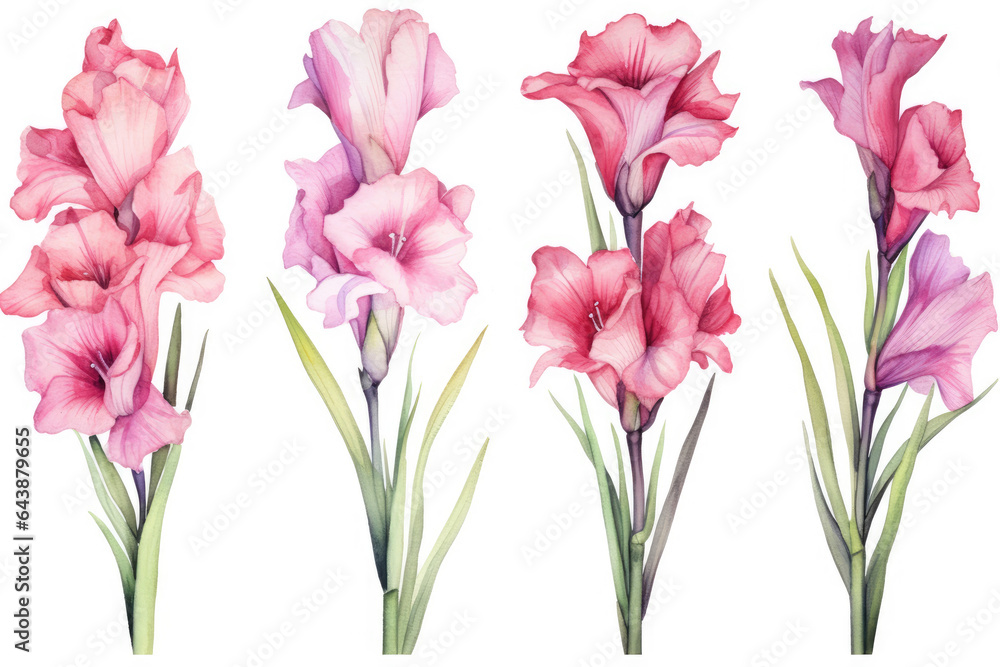 Watercolor image of a set of gladiolus flowers on a white background